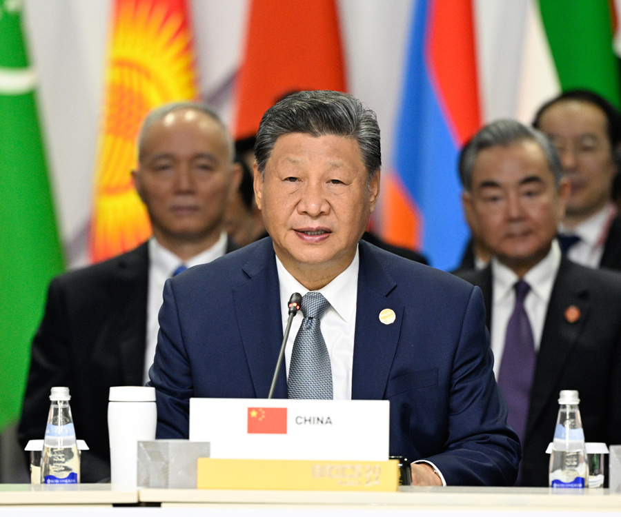 当地时间10月24日上午,国家主席习近平在喀山会展中心出席“金砖+”领导人对话会并发表题为《汇聚“全球南方”磅礴力量共同推动构建人类命运共同体》的重要讲话。新华社记者李学仁摄